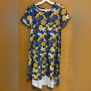 LuLaRoe XXS Carly Blue Gold Floral Knit Crewneck Short Sleeve High Low Dress